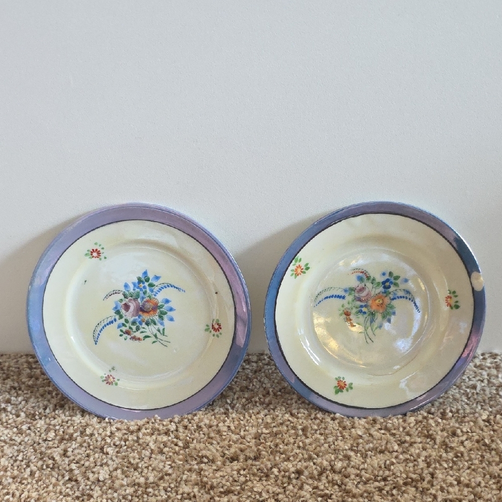 Vintage Lusterware Plates Floral Enamel Plates with Blue Rim From Japan